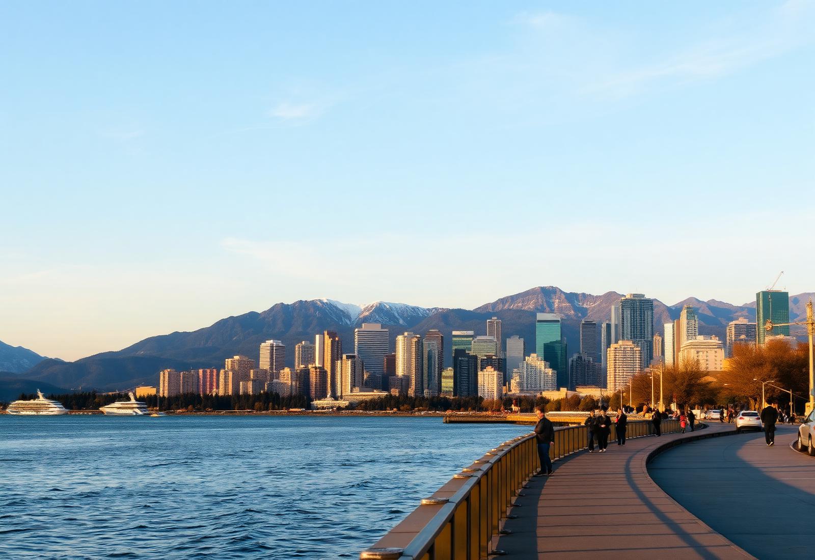 Orla de Vancouver com montanhas ao fundo no fim da tarde