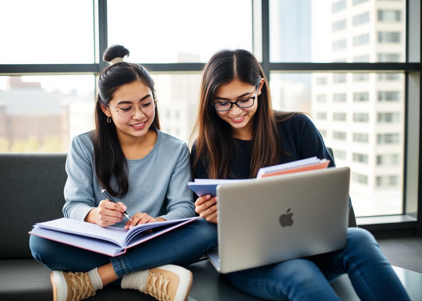 Duas estudantes estudando juntas em um espaço de estudo em Vancouver