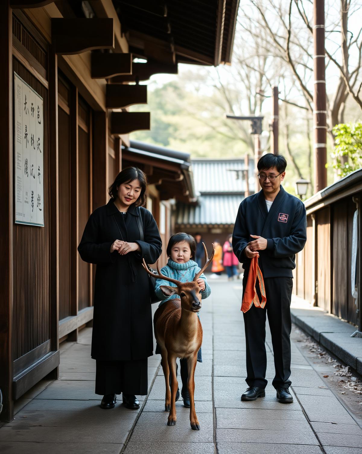 Pais e filha em uma rua tradicional de Kyoto, com um cervo de Nara ao lado