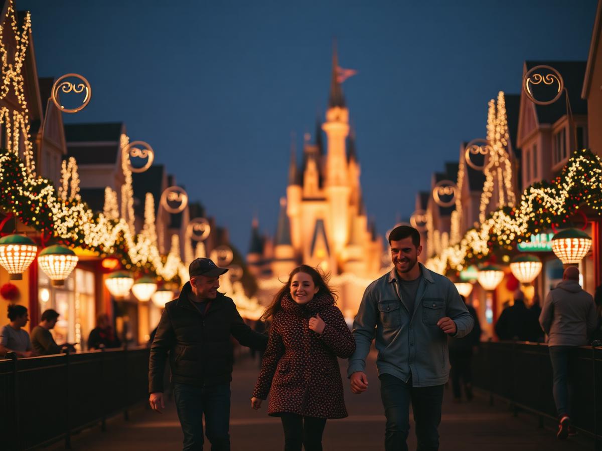 Família caminhando por avenida iluminada de parque temático à noite