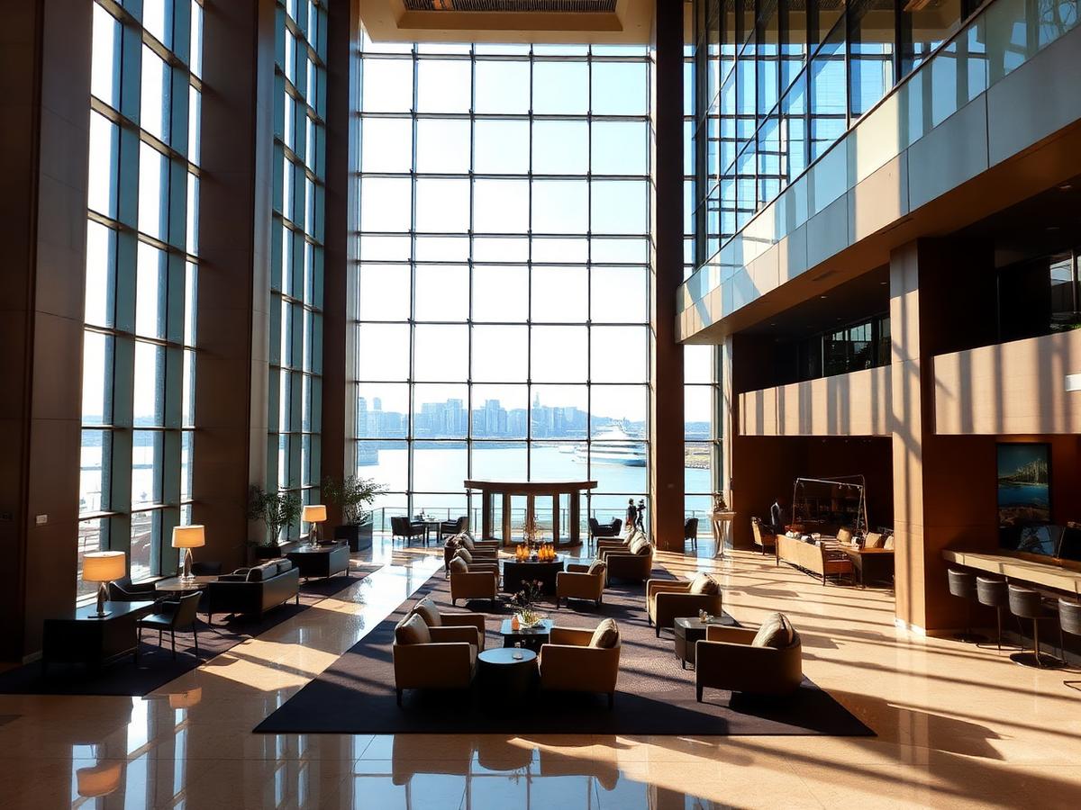 Lobby amplo e iluminado de hotel na baía de Tokyo, com vista para a água